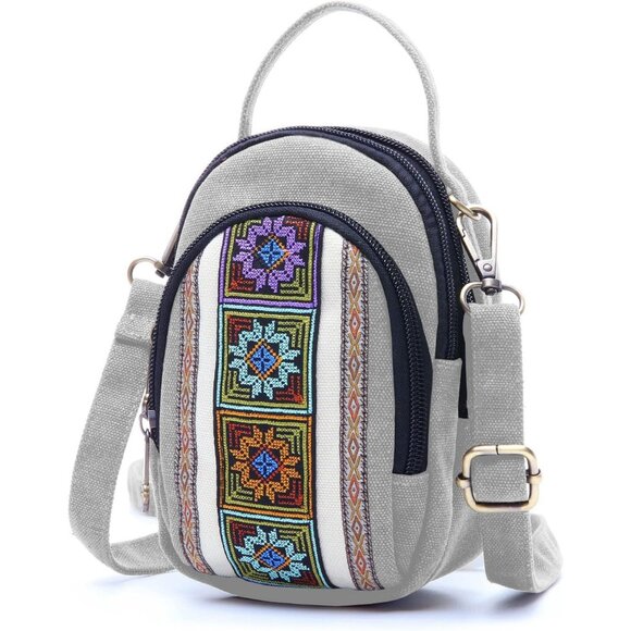 Women's S3 Light Gray Vintage Embroidered Cute Mini Cross Body Bag Small Handbag - Picture 1 of 5